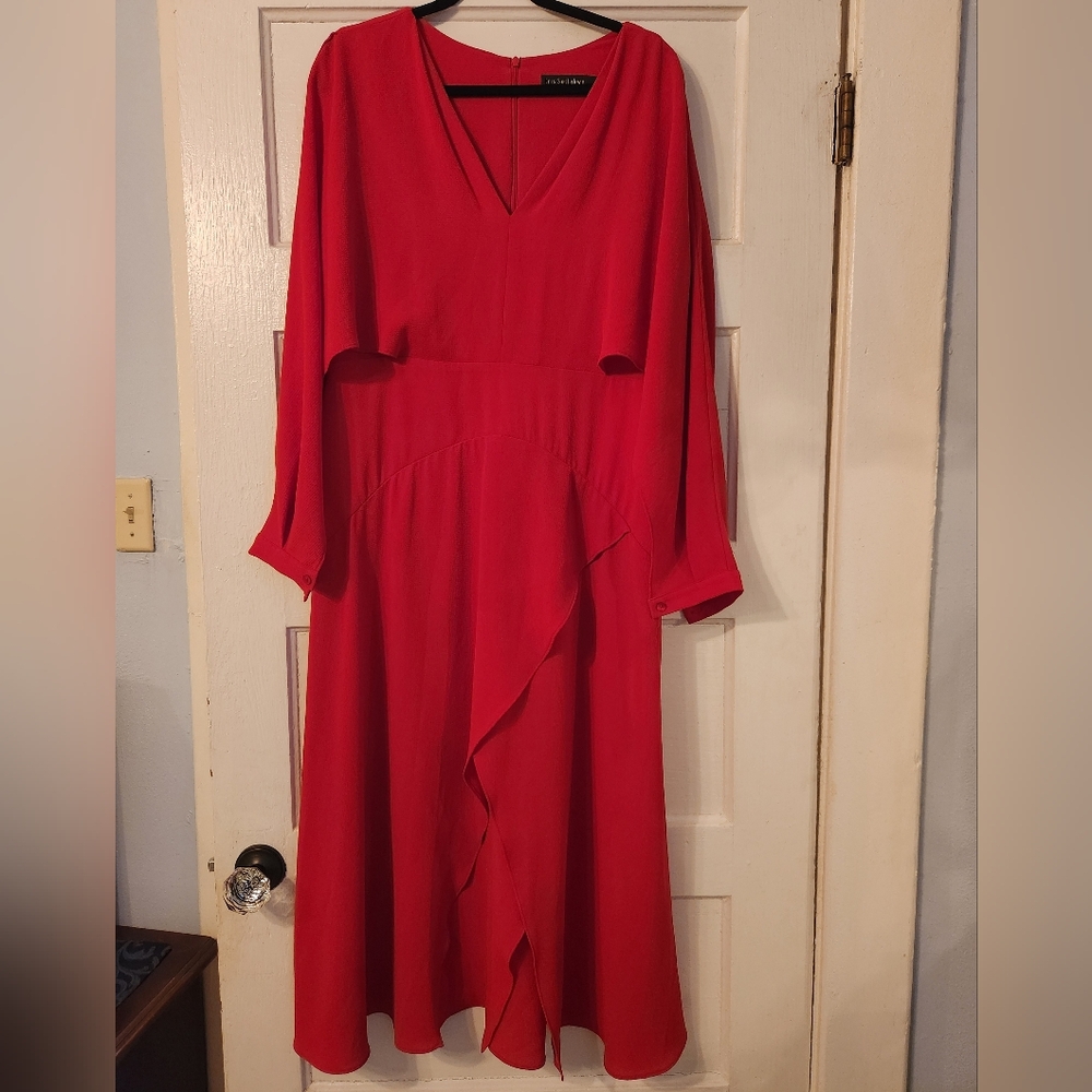 IRIS SETLAKWE Drapey Red Dress, V-neck, Ruffle Hemline, Cape Sleeves, EUC Sz 14